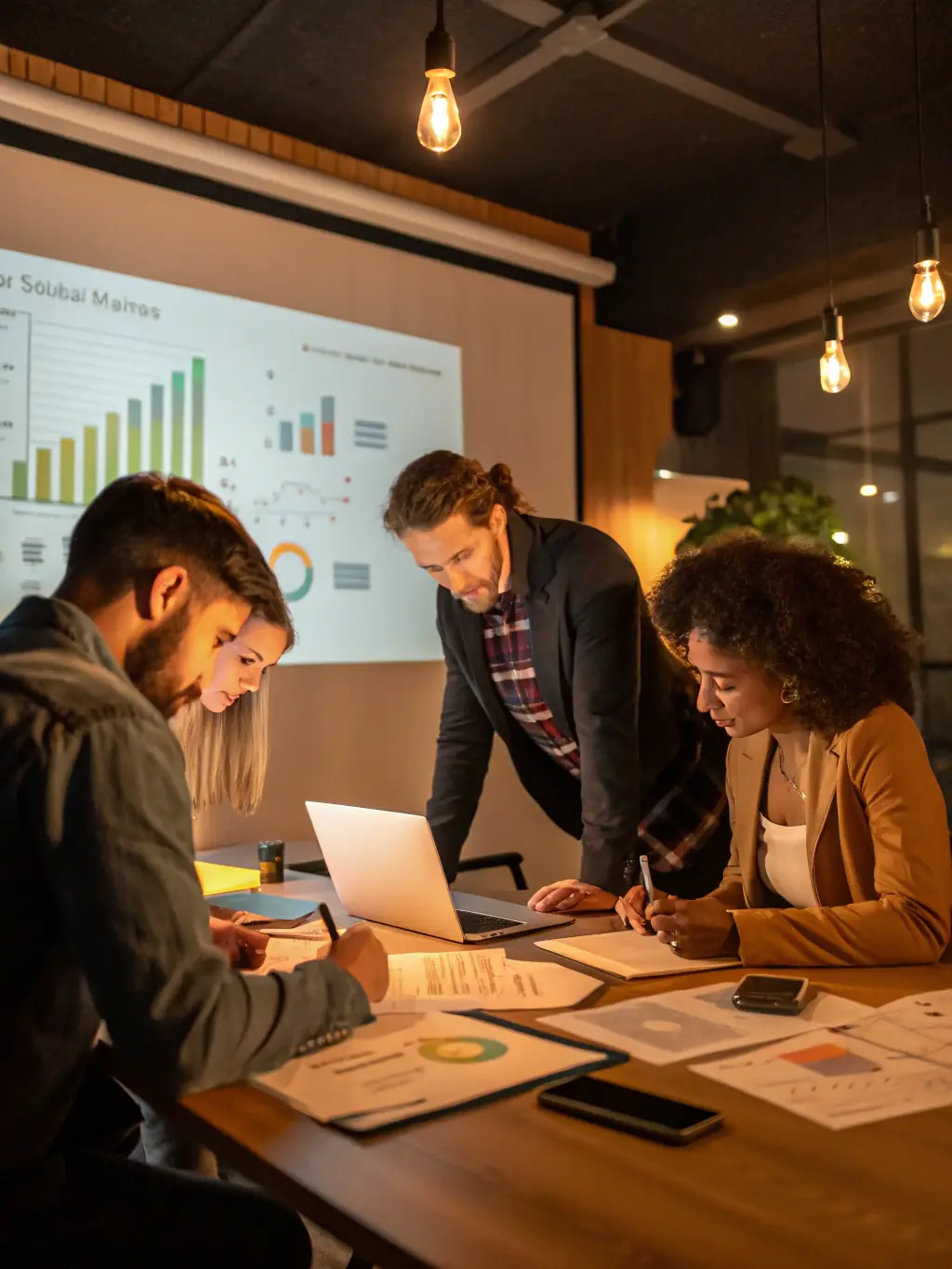 A diverse team participating in a strategic planning session, facilitated by a business coach.