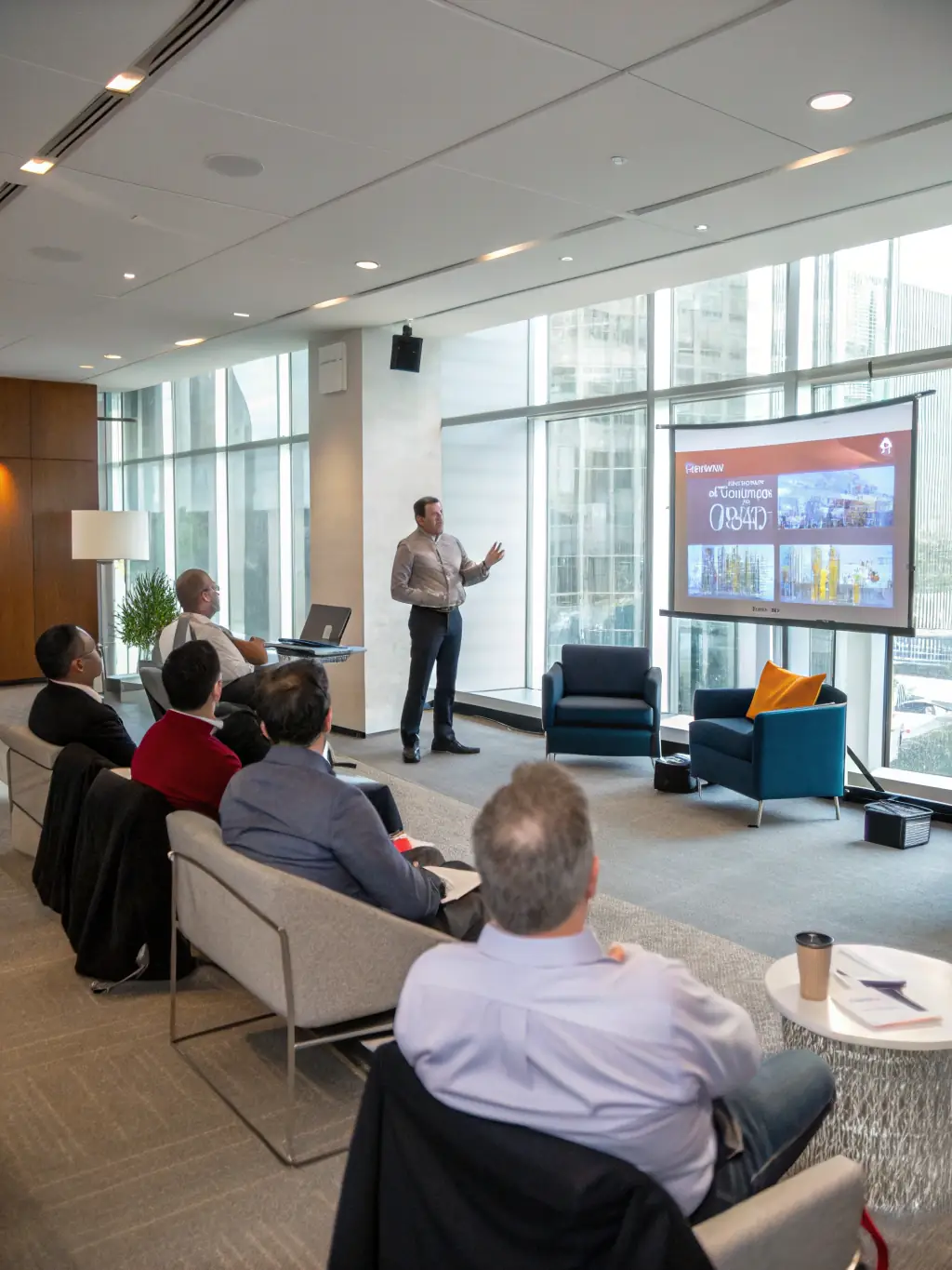 An entrepreneur pitching a business idea to a panel of investors, showcasing the dynamic environment of EmpowerUno's entrepreneurship coaching.