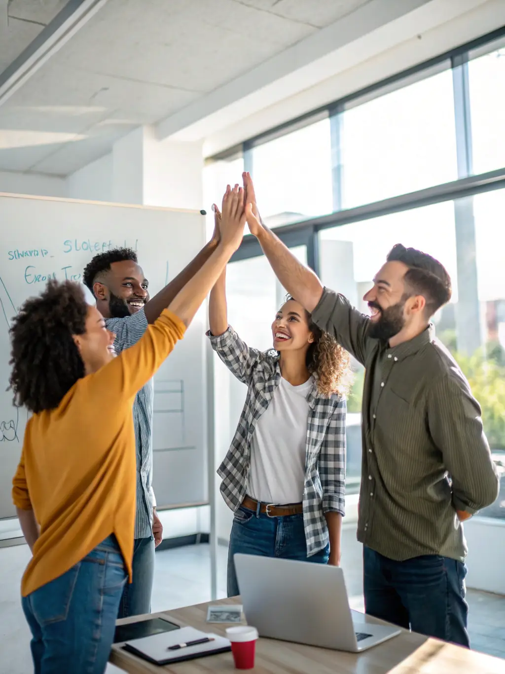 A team celebrating a successful project completion, highlighting the positive outcomes of EmpowerUno's team-building and leadership programs.